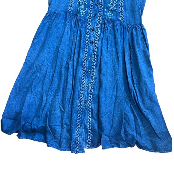 raya sun Women's Rayon Blend Sundress Blue Embroidered Button Front Size M - Picture 4 of 7